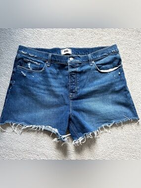 PAIGE “Asher”Dark Blue Distressed Denim Cutoff Shorts